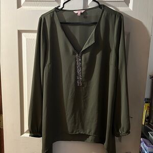 Juicy Couture Olive Green Blouse with Embellished V-Neck